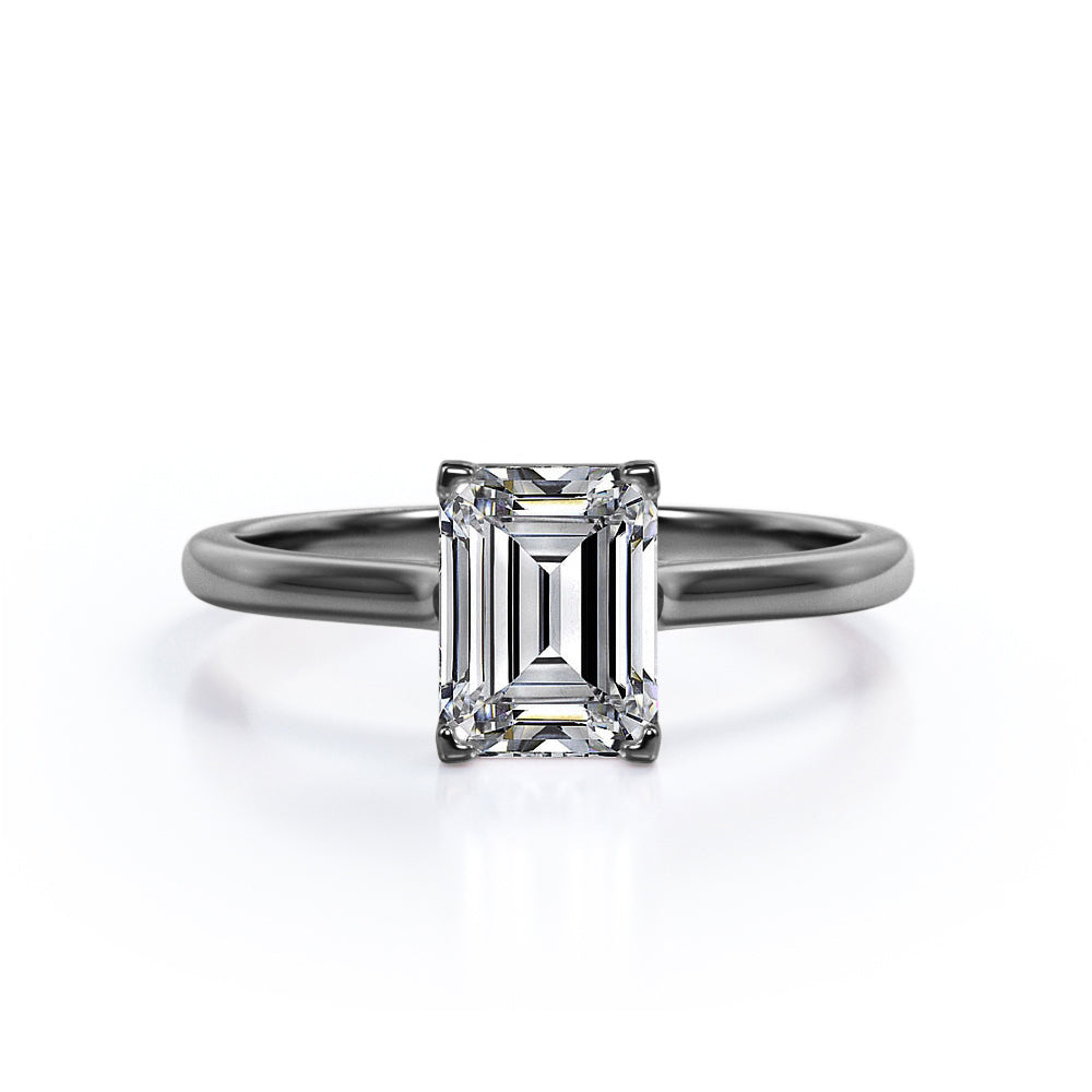 Minimalist - 1 Carat Cubic Zirconia Emerald Cut - Solitaire Prong Set Right Hand Ring - 18K White Gold Plating over Silver