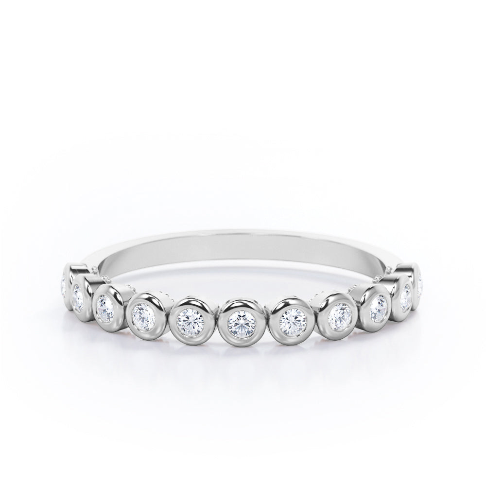 Multi-Bezel Set - 0.15 TCW Round Shaped Diamond - Semi Eternity Stackable Ring - 10K White Gold