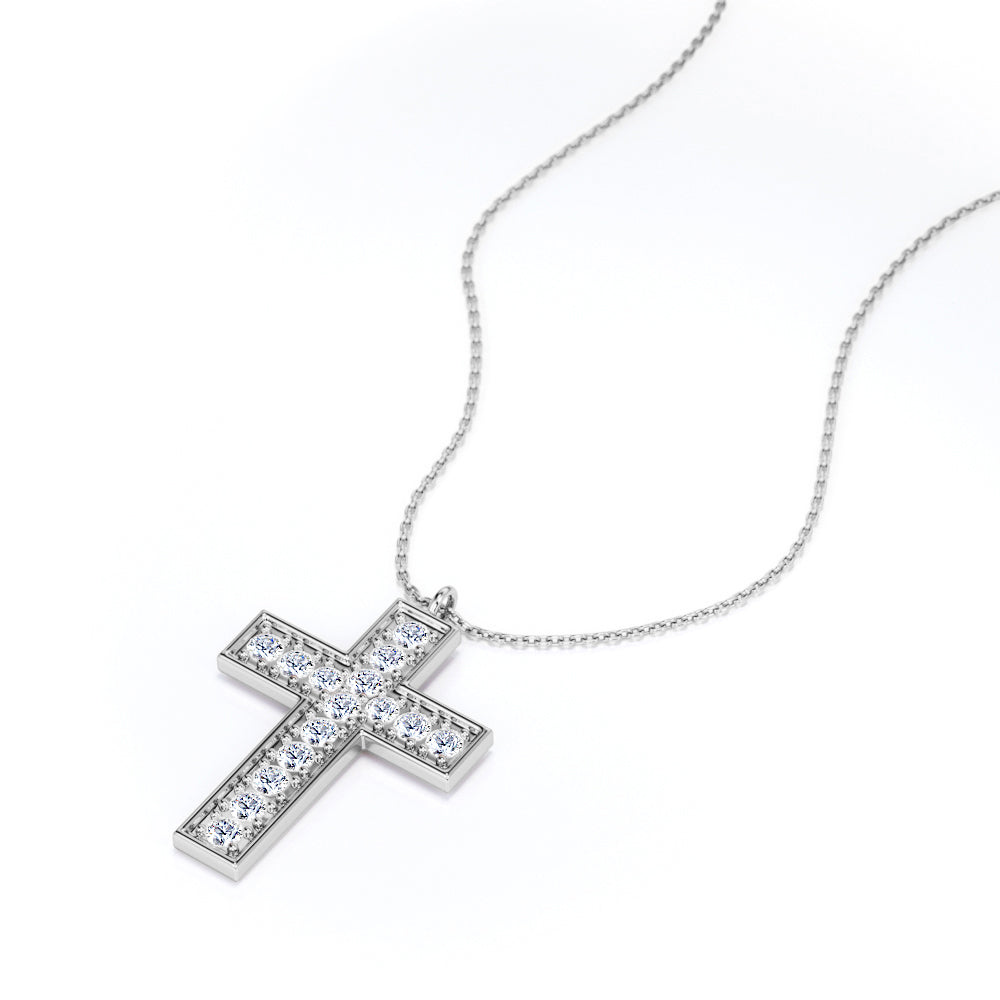 Pave-Channel 0.15 TCW Round Cut Moissanite Cross Pendant Necklace in 18K White Gold Plating over Silver