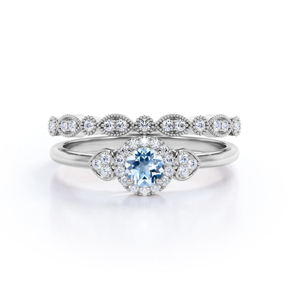 1.20 Carat Round Cut Aquamarine And Diamond Halo Wedding Ring Set In White Gold