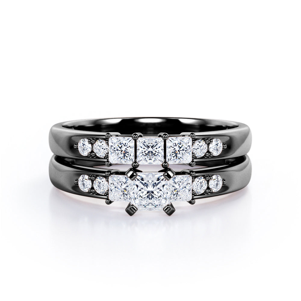 Trilogy Shared-Prong 0.6 TCW Princess Cut Diamond Pave Bridal Ring Set in White Gold