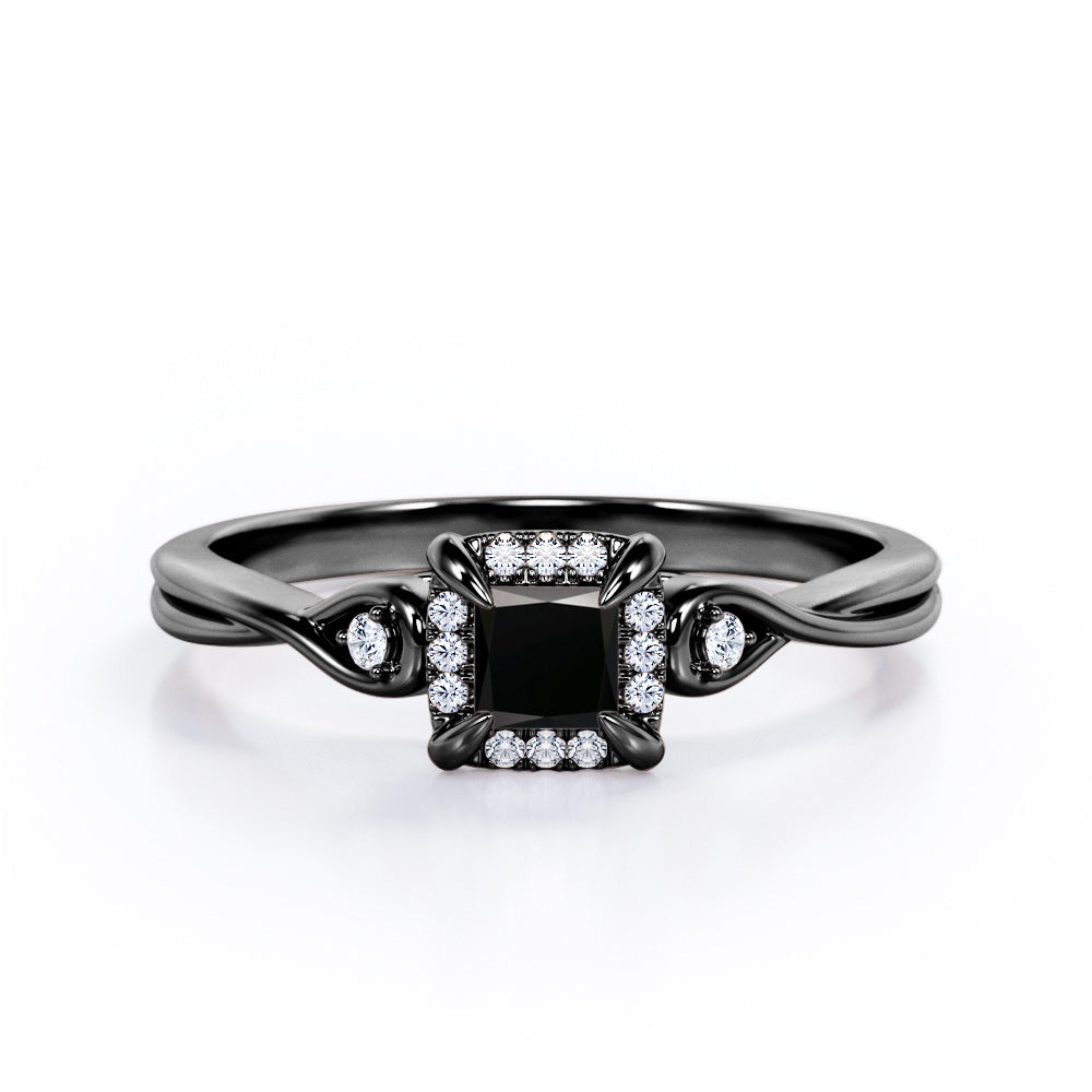 Prong and Halo 0.6 carat Princess Black Diamond Twisted Shank Engagement Ring in White Gold