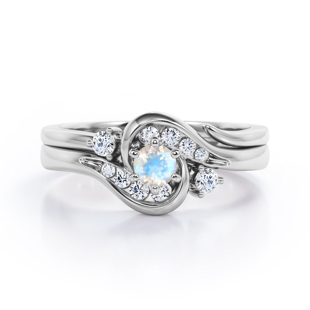 6 Prong Tension Design - 0.55 TCW Round Shaped Moonstone and Moissanite - Flush Chanel Wedding Ring Set - White Gold