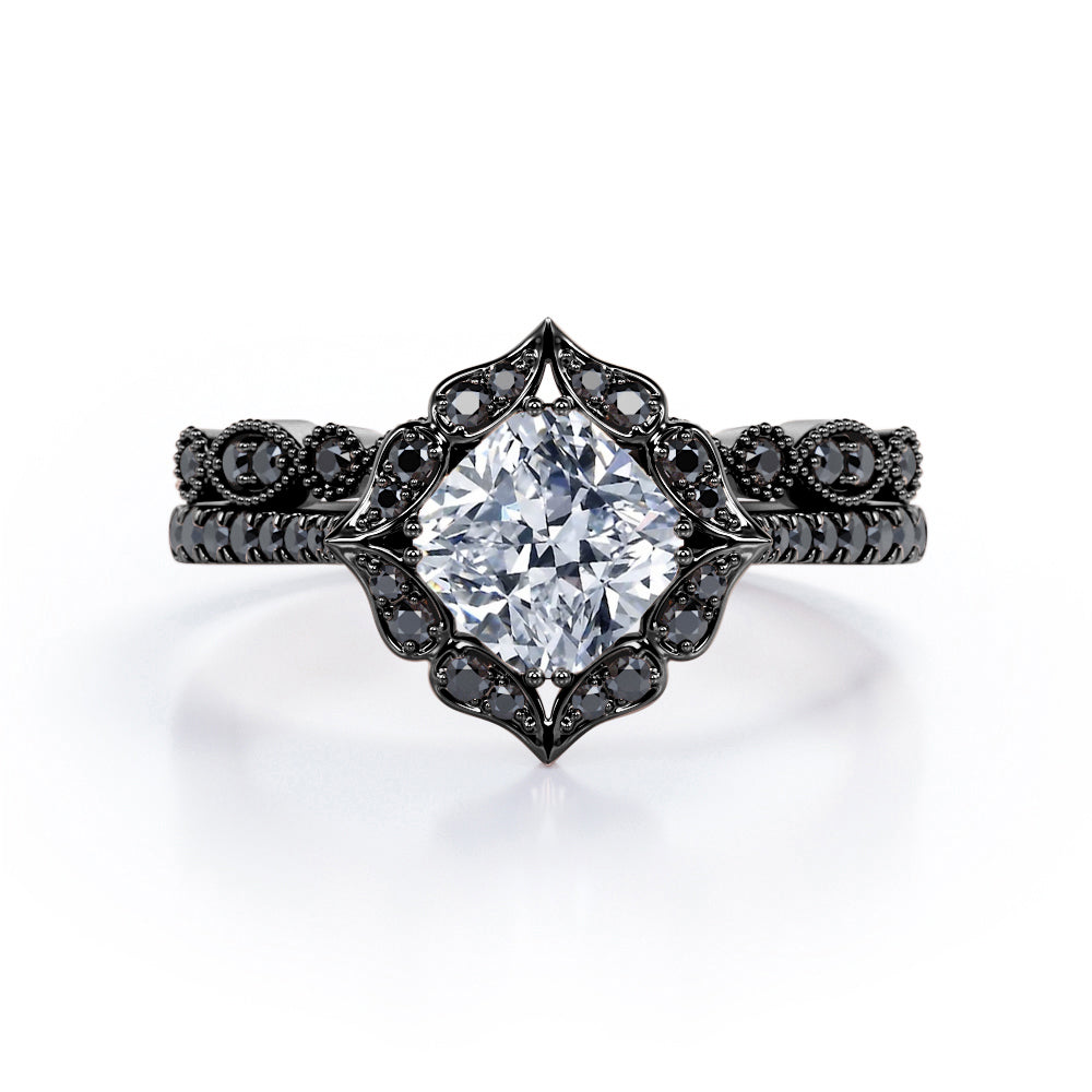 Vintage Filigree Halo - 1.65 TCW Cushion Cut Moissanite with Lab Created Black Diamond - Pave Accented Bridal Ring Set in White Gold