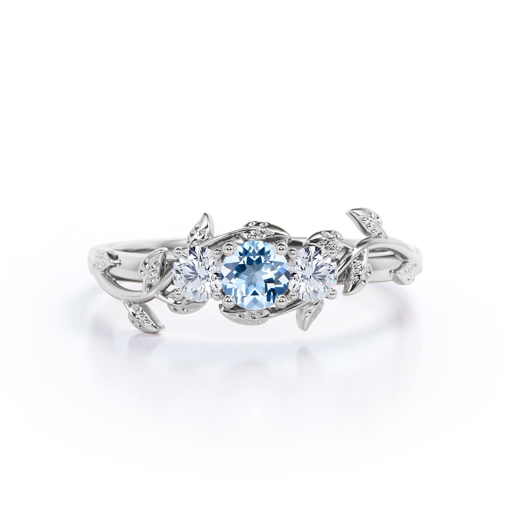 1 Carat Round Cut Aquamarine And Diamond Nature Inspired Engagement Ring In White Gold