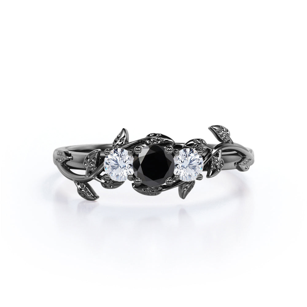 1 carat round cut  Black Diamond leaf style engagement ring in white gold