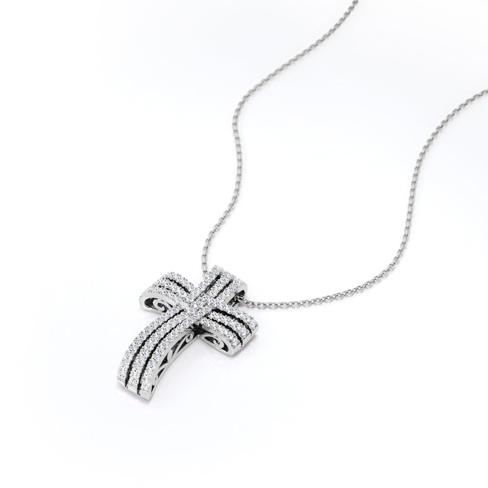 Weaved Triple-Pave 0.3 TCW Round Moissanite Filigree Crucifix Pendant Necklace in 18K White Gold Plating over Silver