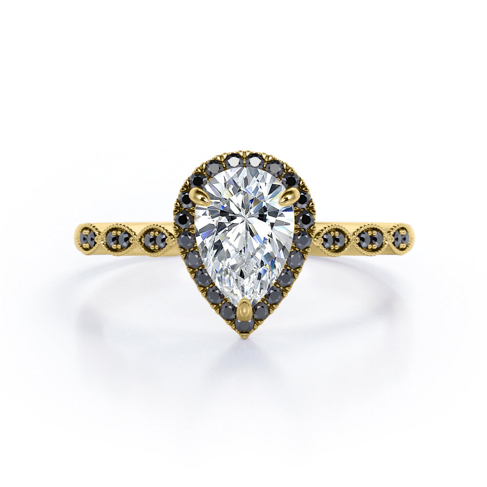 Art-Deco Filigree Milgrain 1.4 TCW Pear Cut Moissanite with Lab Created Black Diamond Halo Design Engagement Ring in Yellow Gold