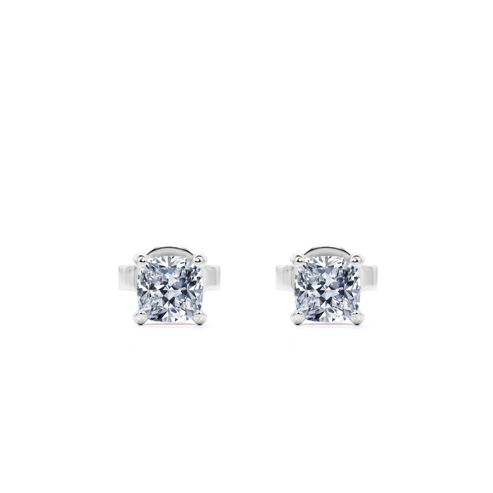 4 Prong - 0.33 Carat Cushion Cut Diamond - Solitaire Stud Earrings - 18K White Gold Plating Over Silver