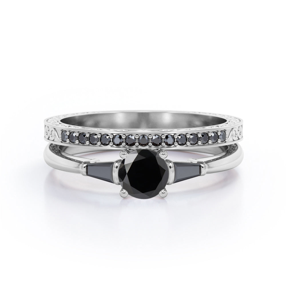 Three-Stone Prong 1.35 TCW Round Cut Lab Created Black Diamond Lattice Bridal Ring Set in White Gold