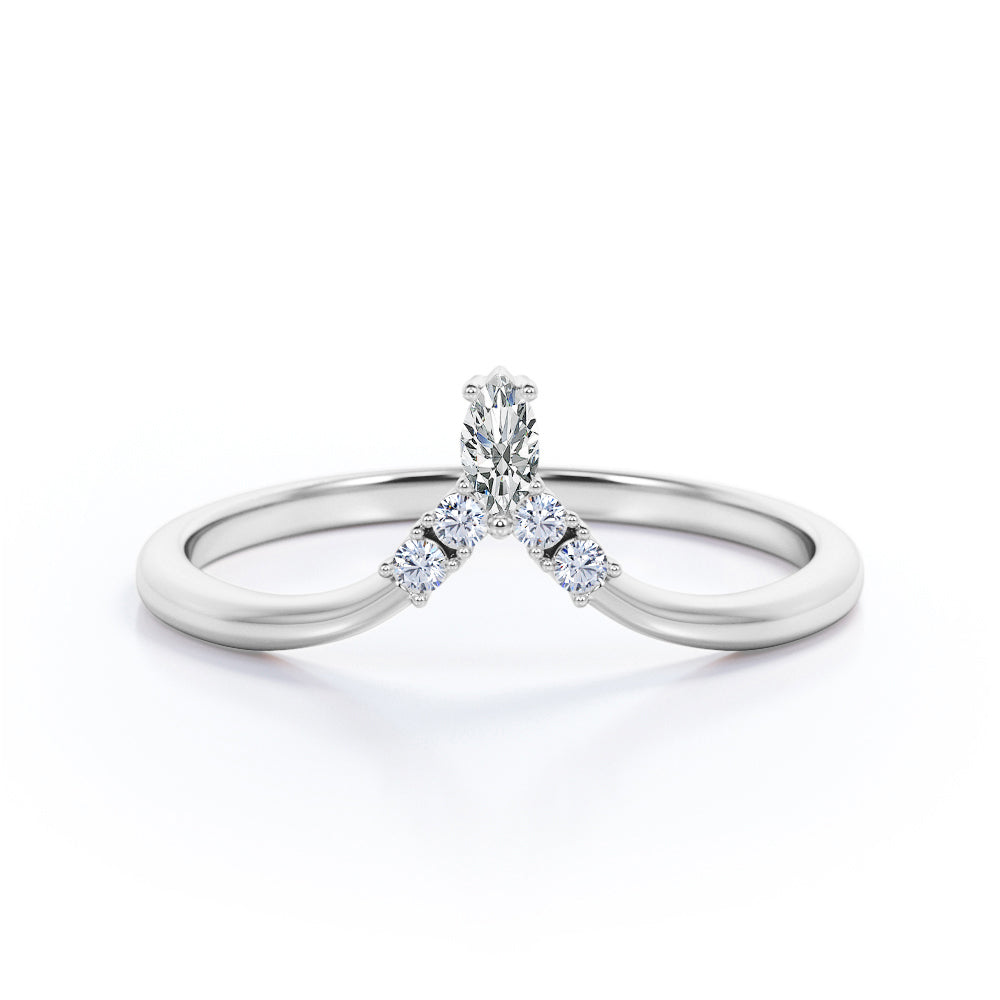 Delicate 0.10 TCW Marquise and Round Diamond V-Curved Five Stone Cluster Wedding Band in White Gold