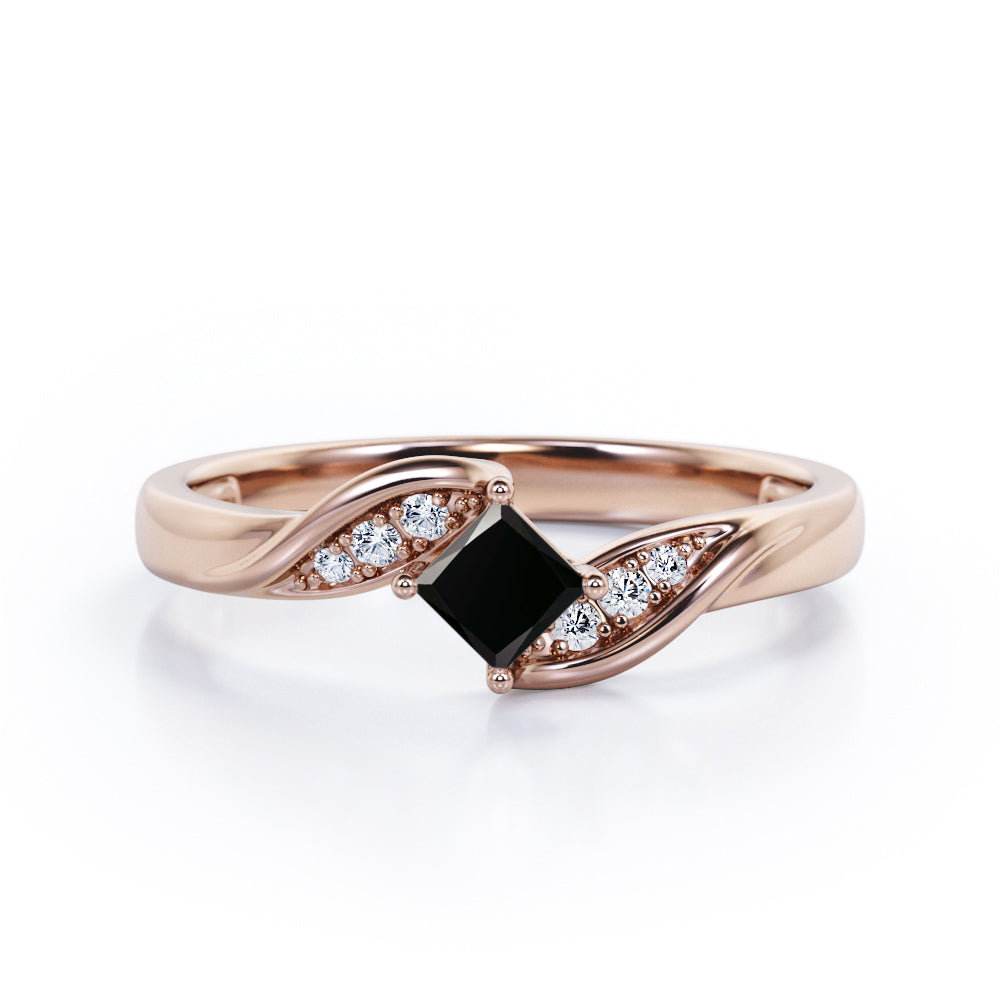 Twisted 7 Stone Ring - 0.55 carat Princess Black Diamond Elegant Engagement Ring in Rose Gold