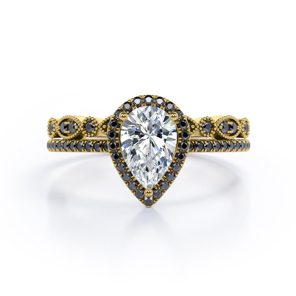 Art-Deco Milgrain Filigree 1.65 TCW Teardrop Moissanite with Lab Created Black Diamond Pave Wedding Ring Set in Yellow Gold