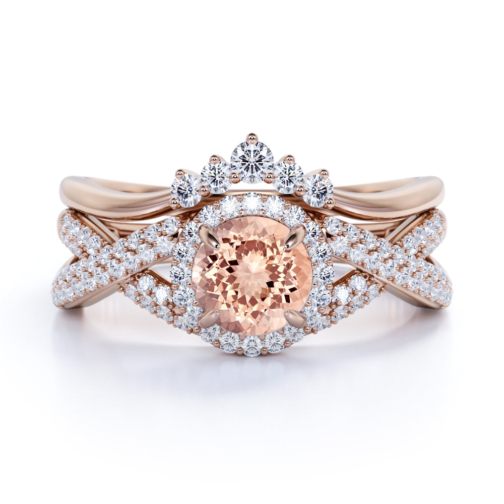 2 Carat Round Cut created morganite and Moissanite Vintage Crown Wedding Ring Set in 18k Rose gold over Silver