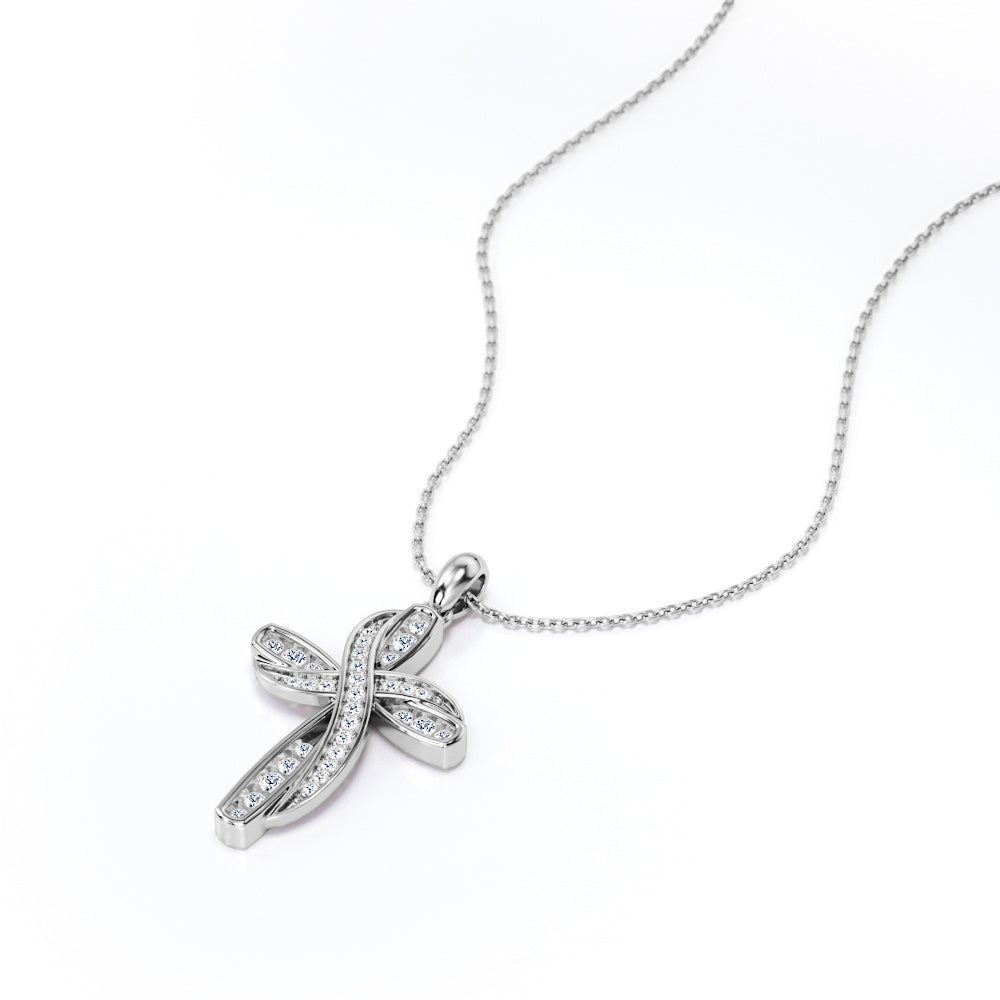 2-Layered 0.2 TCW Round Cut Moissanite Pave-Channel Cross Pendant Necklace in 18K White Gold Plating over Silver