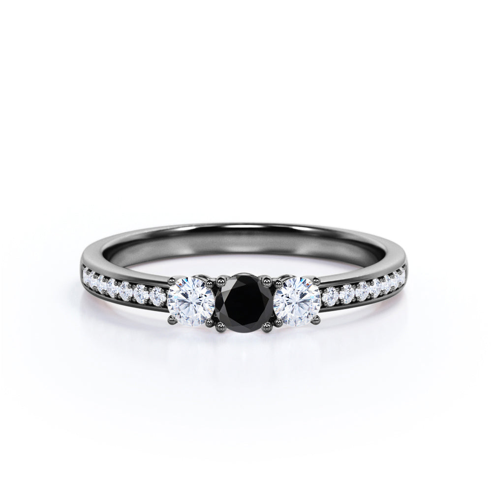 1.3 Carat Round Cut Lab Grown Black Diamond  Three Stone Engagement Ring In White Gold