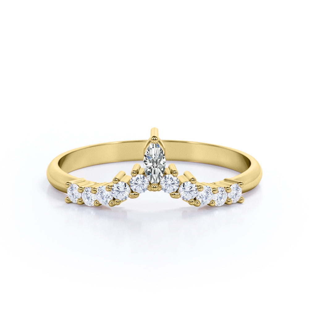 V Shaped - 0.20 TCW Marquise and Round Moissanite - Cluster Prong Wedding Band - Yellow Gold