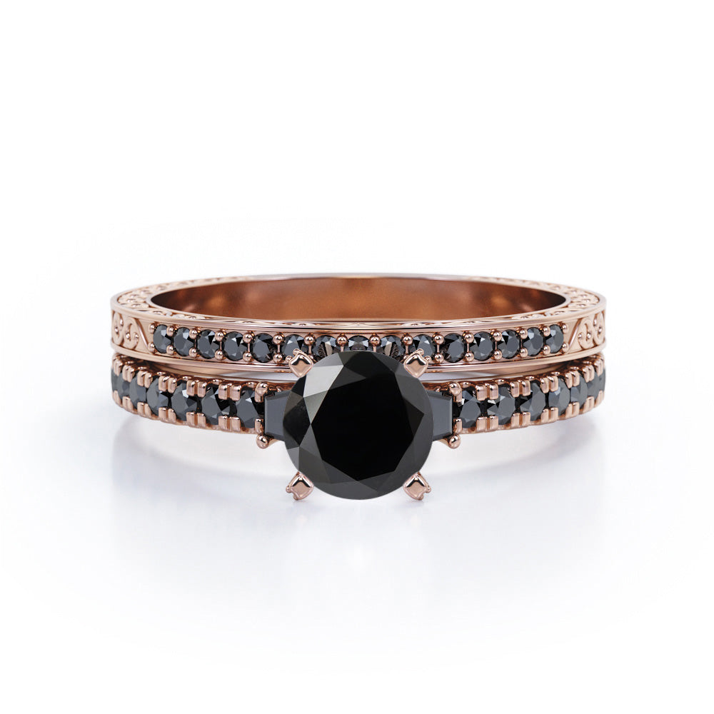 Art Deco Milgrain-Pronged 1.45 TCW Round Brilliant Cut Lab Created Black Diamond Pave Bridal Ring Set in White Gold