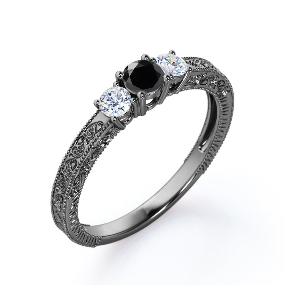 1 carat round cut Black Diamond three stone engagement ring in white gold