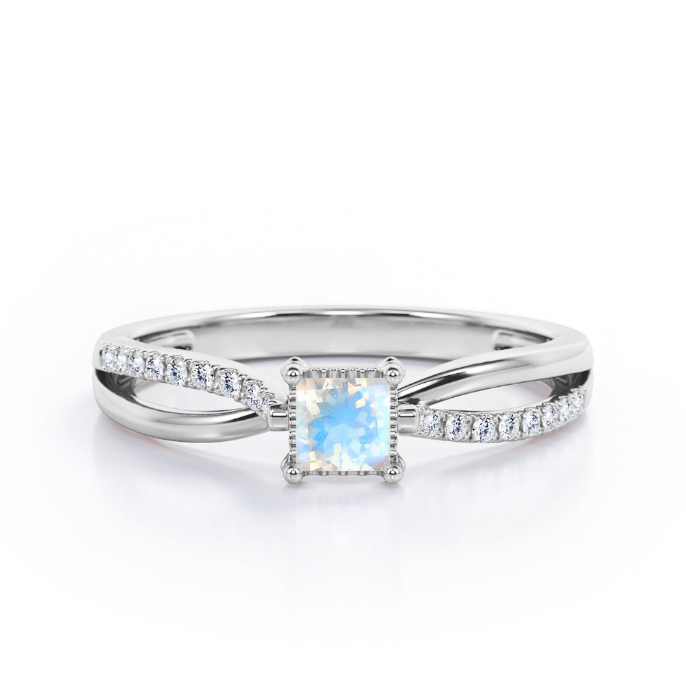 Twisted and Split Pinched Shank 0.65 carat Princess Moonstone and Moissanites Elegant Engagement Ring in White Gold