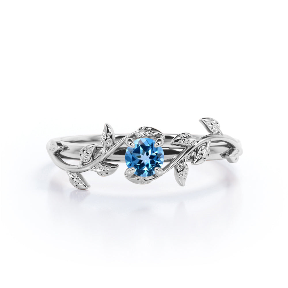 0.50 Carat Round Light Blue Topaz - Leafy Design - Solitaire Engagement Ring - 18K White Gold Plating over Silver