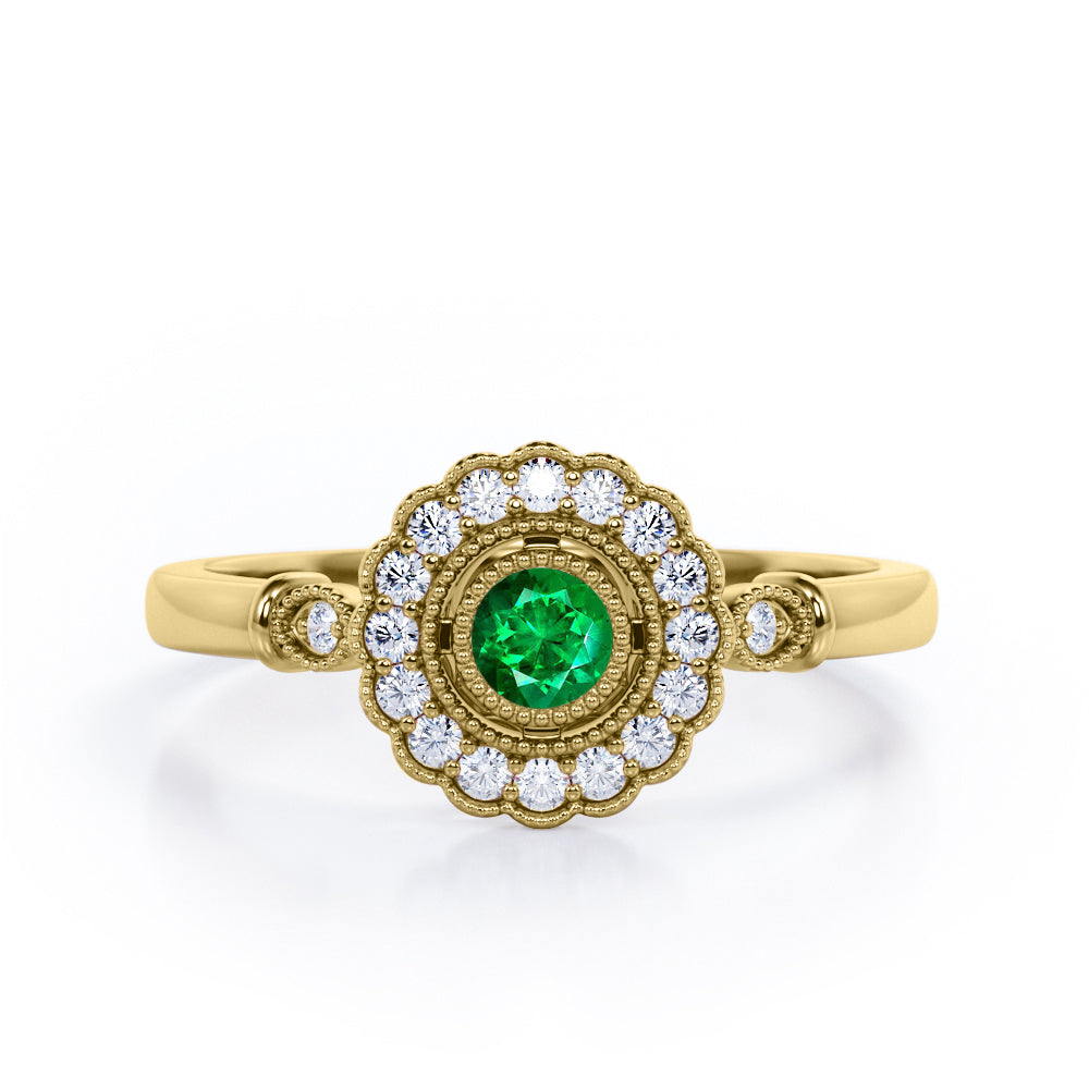 Milgrain Flower Halo 1.2 carat Carat Round Brilliant Cut Emerald and diamond Trilogy Bezel Engagement Ring in White Gold