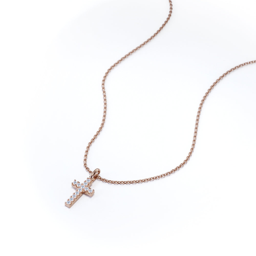 Minimalist 0.15 TCW Round Shaped Moissanite Crucifix Pendant Necklace with Pave Accents in 18K White Gold Plating over Silver