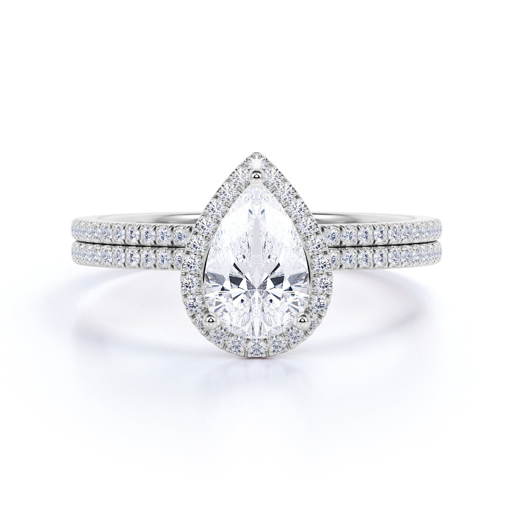 Unique 1.25 Carat Pear cut Moissanite Halo Wedding Ring Set for Her in 18k White Gold Over Silver