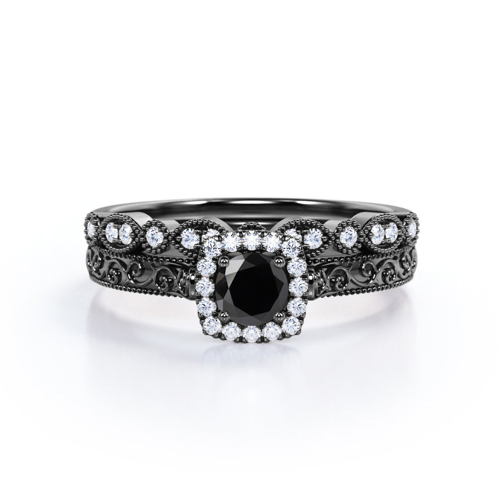 0.75 Carat Round Cut Lab Grown Black Diamond Antique Art Deco Bridal Set In White Gold