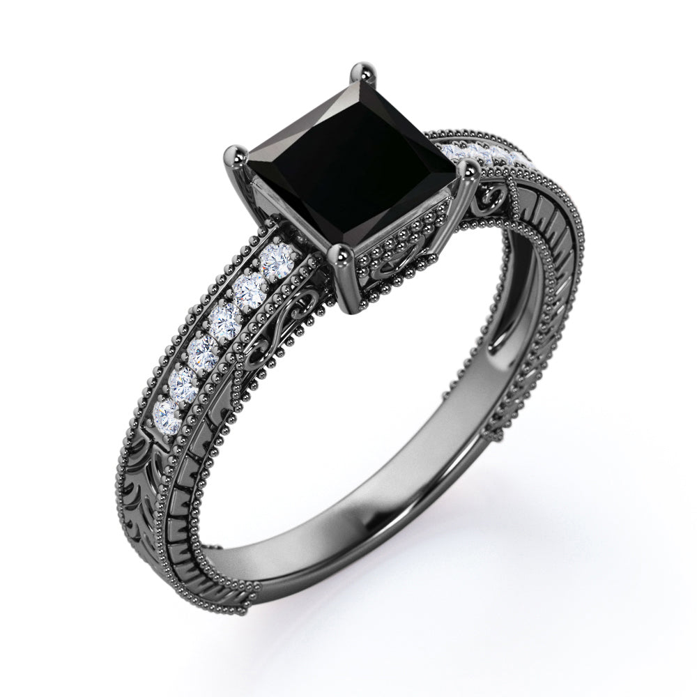 1.25 carat princess cut Black Diamond vintage milgrain engagement ring in white gold