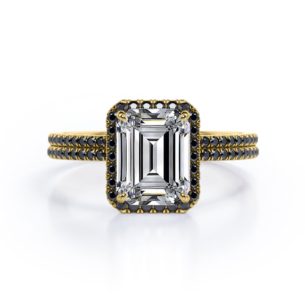 Pave Style - 1.75 TCW Emerald Cut Moissanite with Lab Created Black Diamond - Halo Setting Wedding Ring Set in Black Gold