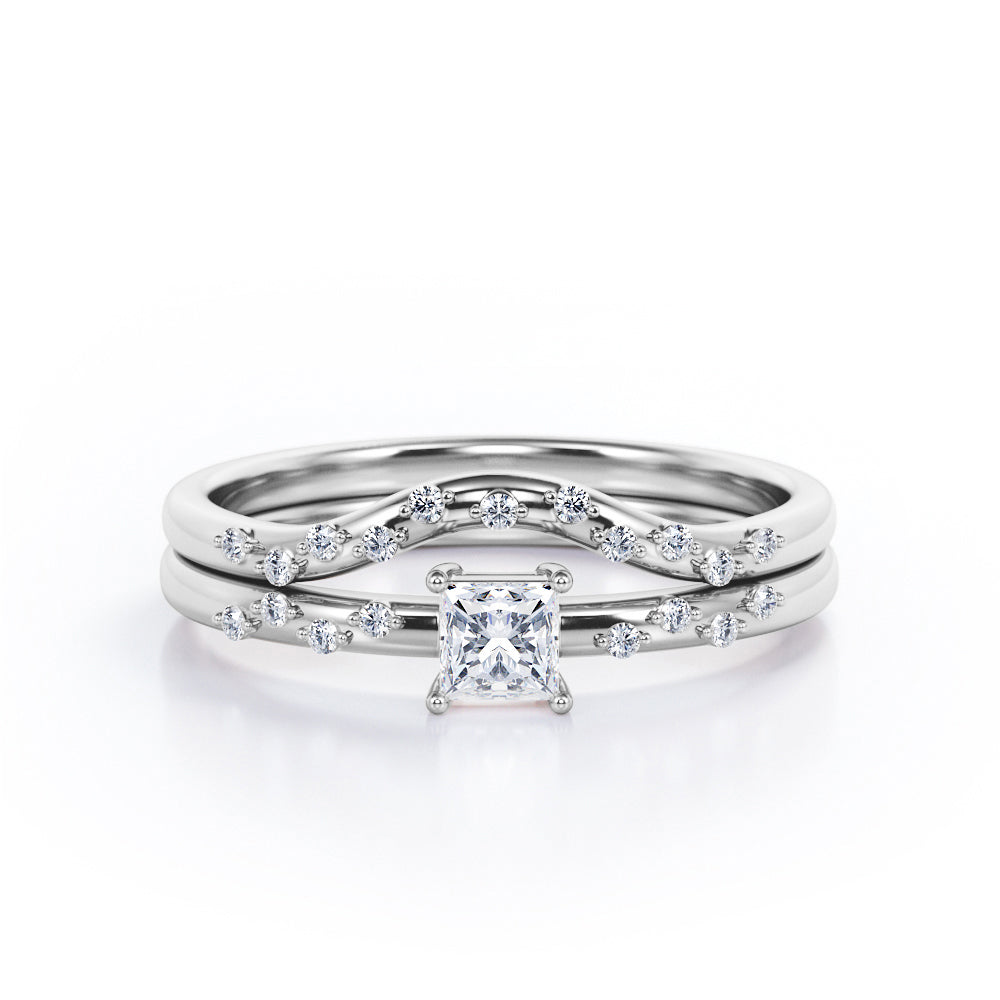 2-Prong Flush - 0.4 TCW Princess Cut Diamond - Curved Minimalist Wedding Ring Set in White Gold