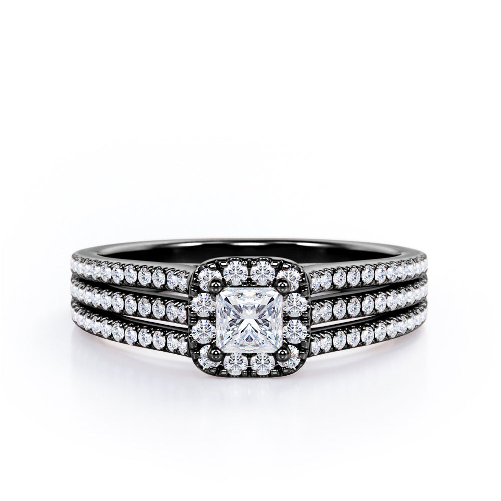 Triple Split-Shanked Pave - 0.55 TCW Princess Cut Diamond - Halo Engagement Ring - 10K White Gold