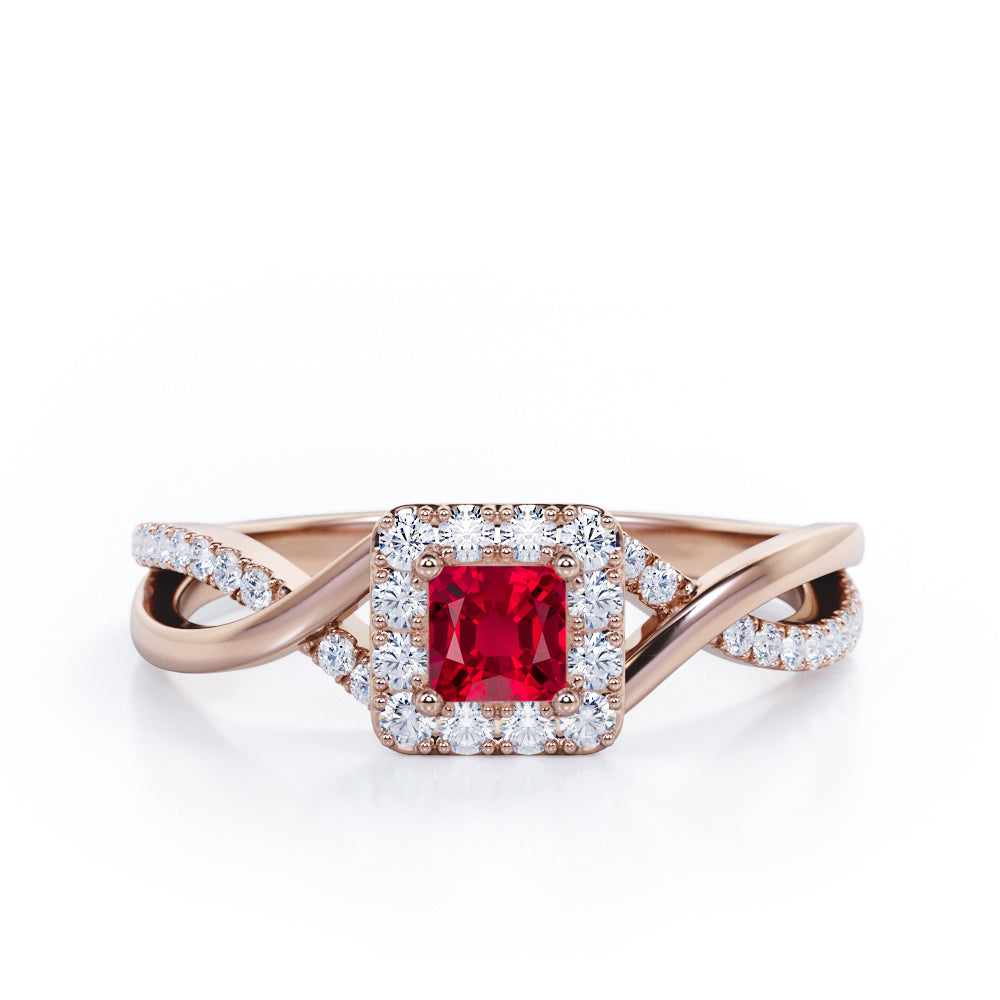 1.25 Carat Princess Cut Lab-Created Ruby - Half Crossover Pave - Halo Engagement Ring in White Gold