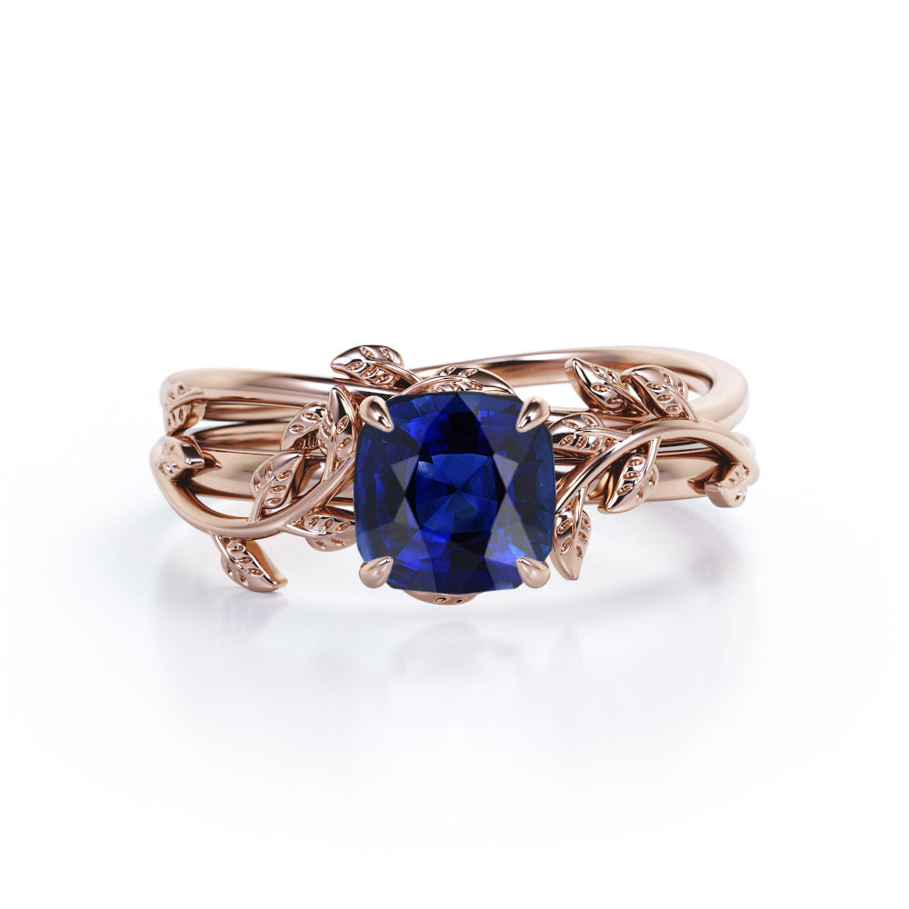 Leaf Branch Design 1 carat Cushion Cut Lab-Created Sapphire  Wedding ring set in White Gold