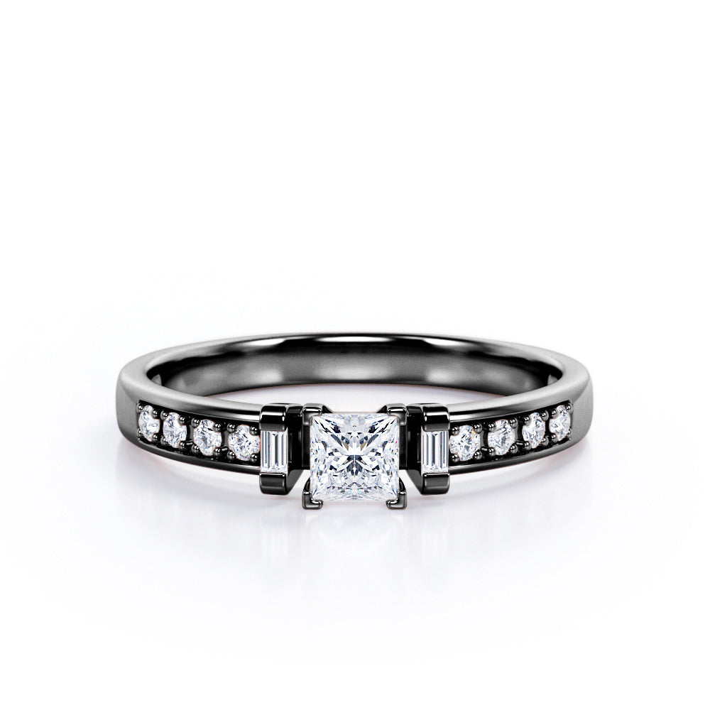 V-Prong 3 Stone 0.35 TCW Princess Cut Diamond Pave-Channel Engagement Ring in White Gold