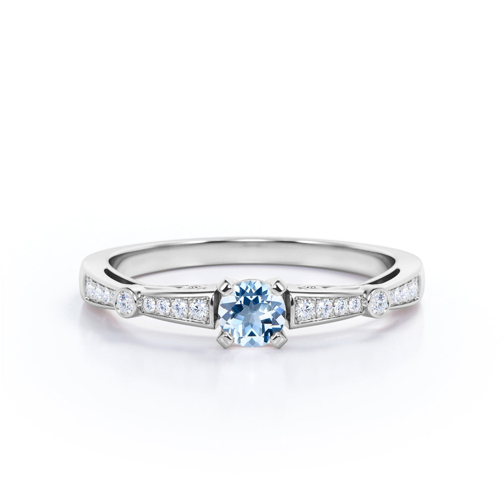 1.10 Carat Round Cut Aquamarine And Diamond Channel Set Engagement Ring In White Gold