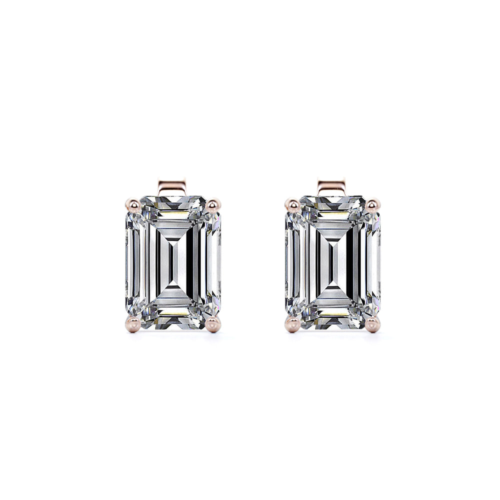 Minimalist 2 Carat Emerald Cut Moissanite Solitaire Stud Earrings In 18K Rose Gold Plating Over Silver