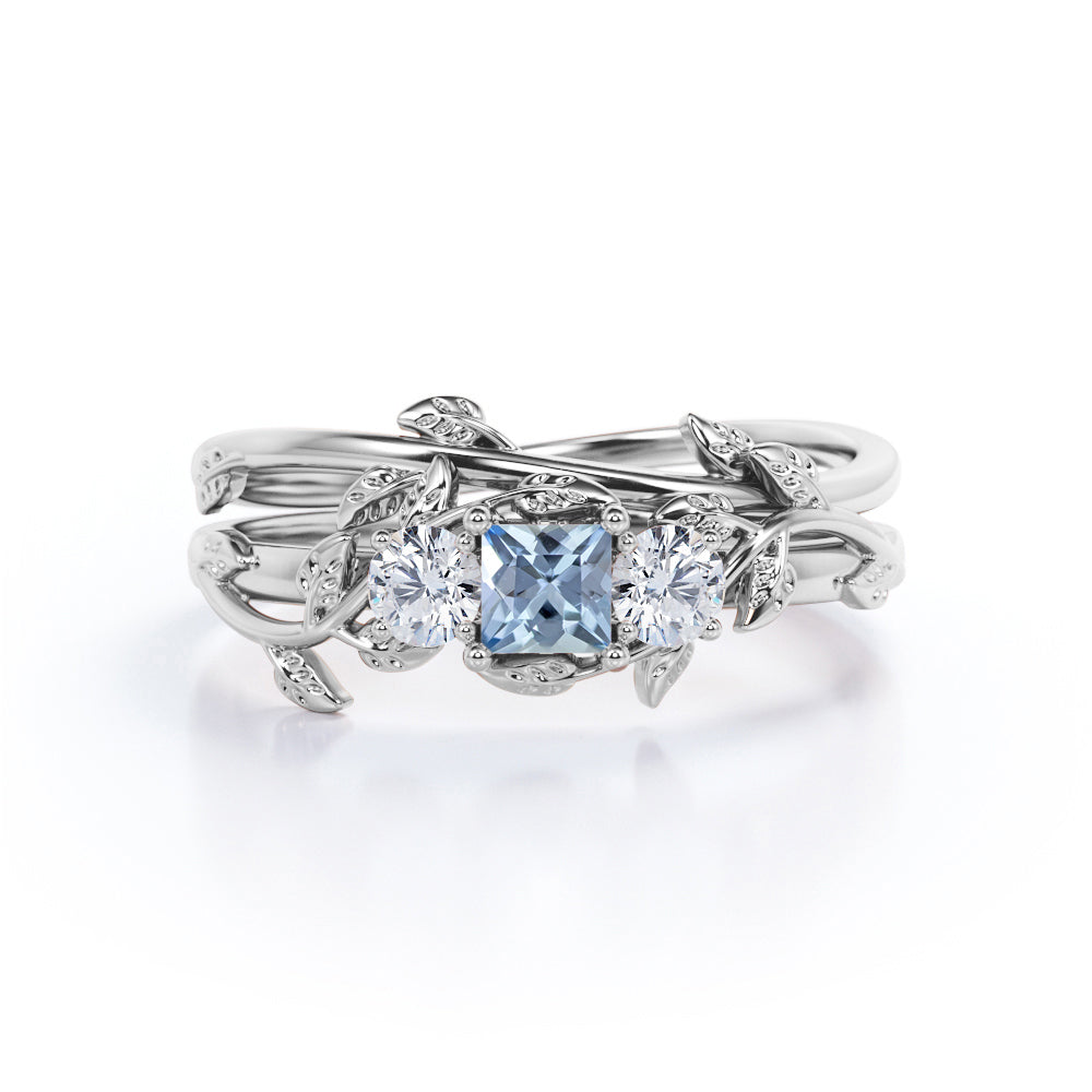 1 Carat Princess Cut Aquamarine And Diamond Leaf And Vine Wedding Ring Set In White Gold