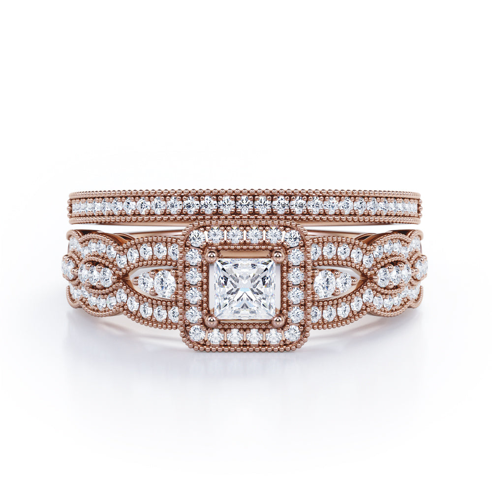 Triple Curved Pave Band - 0.65 TCW Princess Cut Diamond - Milgrain Halo-Channel Bridal Set - 10K White Gold