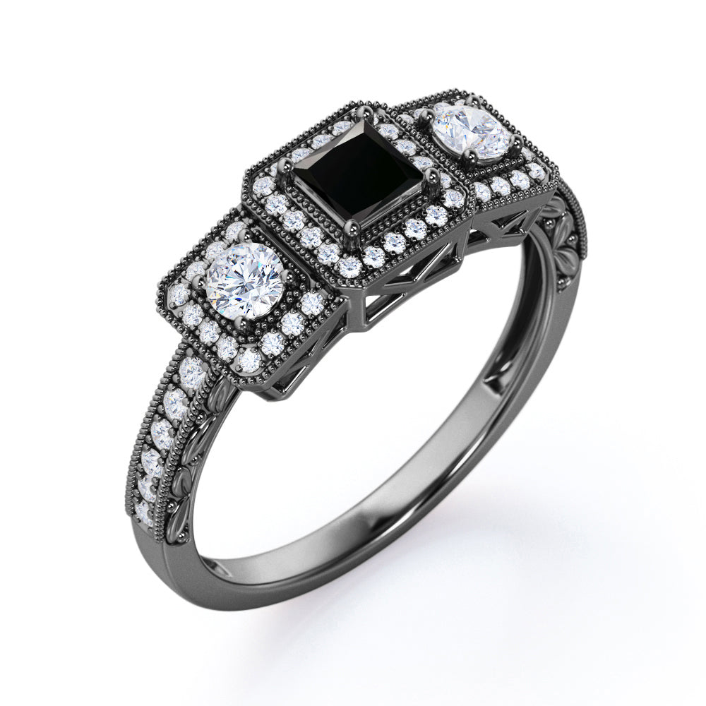 1 carat princess cut Black Diamond three stone trilogy engagement ring in white gold