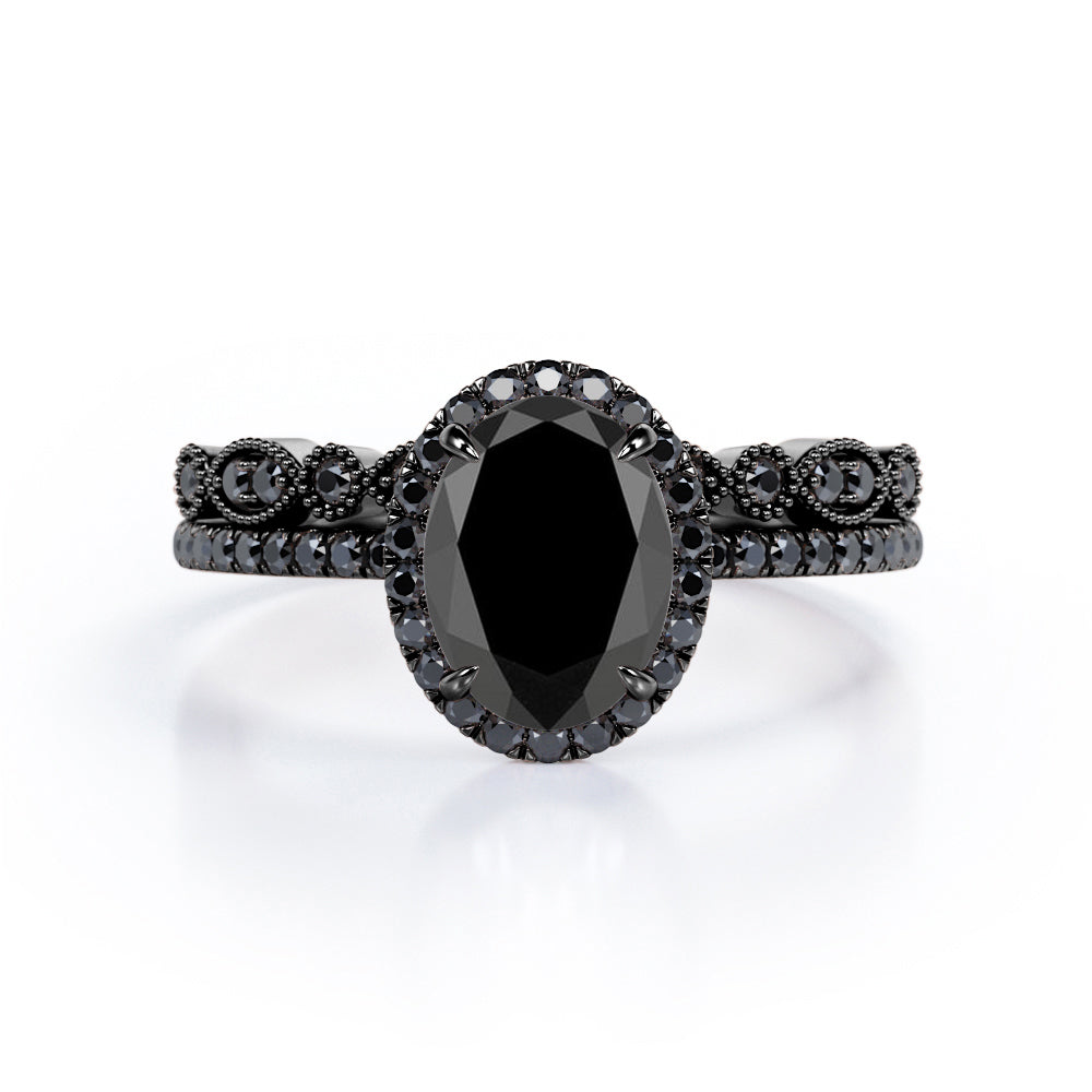 1.65 TCW Oval Cut Lab Created Black Diamond - Milgrain Filigree - Scalloped Pave Bridal Ring Set in White Gold