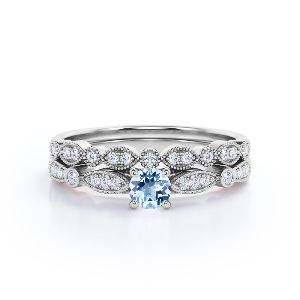 Minimalist 1.15 Carat Round Cut Aquamarine And Diamond Vintage Wedding Ring Set In White Gold