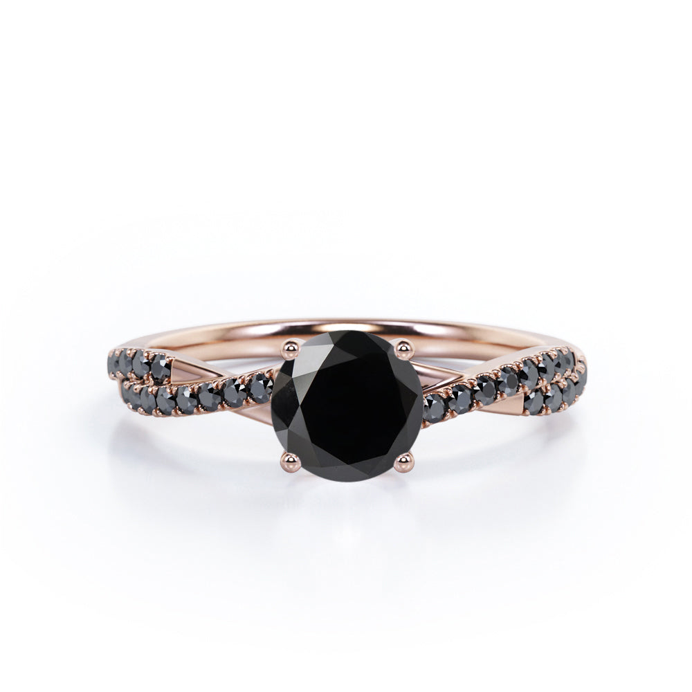 Basket Cathedral - 1.45 TCW Round Shape Lab Created Black Diamond - Crossover Pave Engagement Ring in White Gold