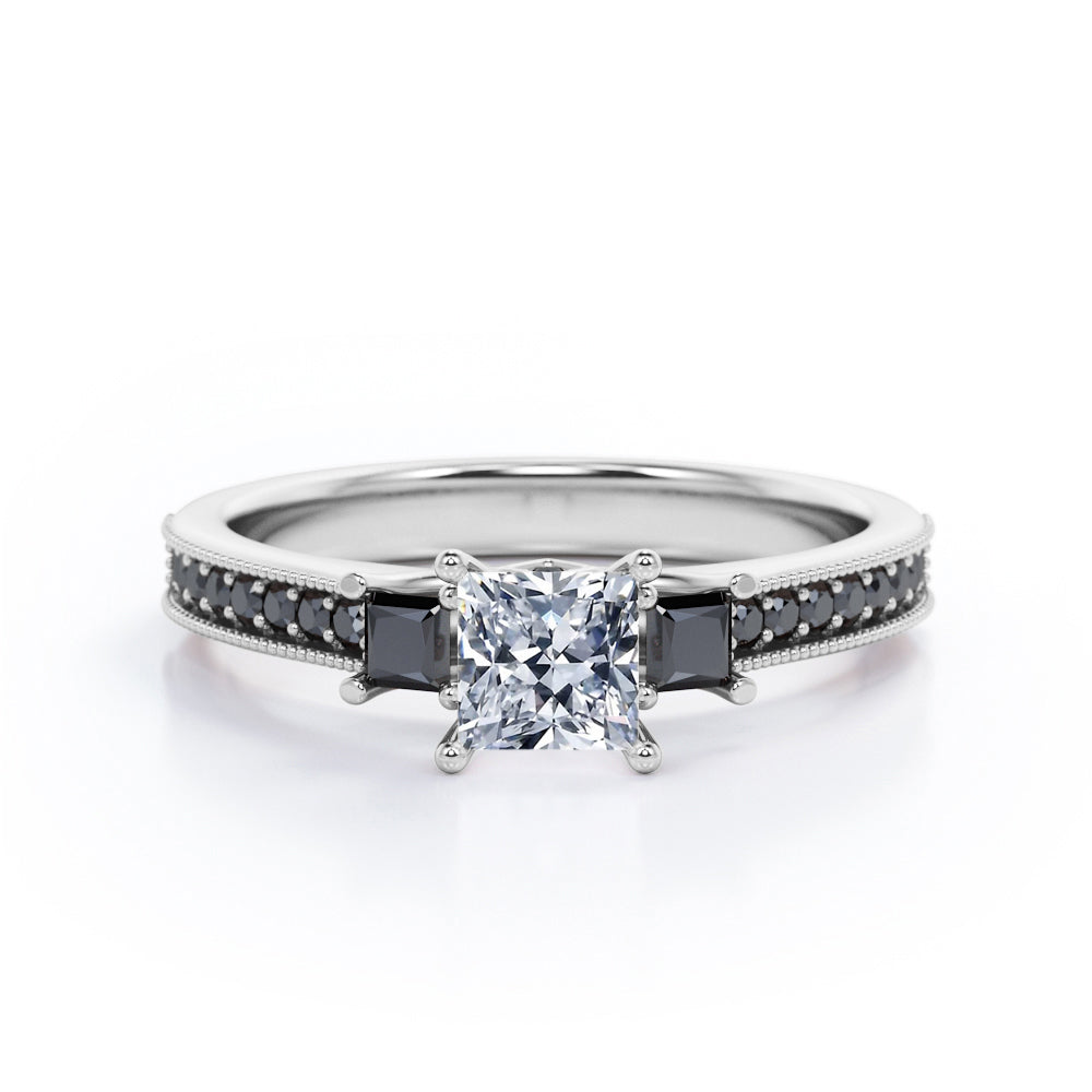 Trilogy Cathedral Prong - 1.4 TCW Princess Cut Moissanite with Lab Created Black Diamond - Milgrain Pave Channel Engagement Ring  in White Gold