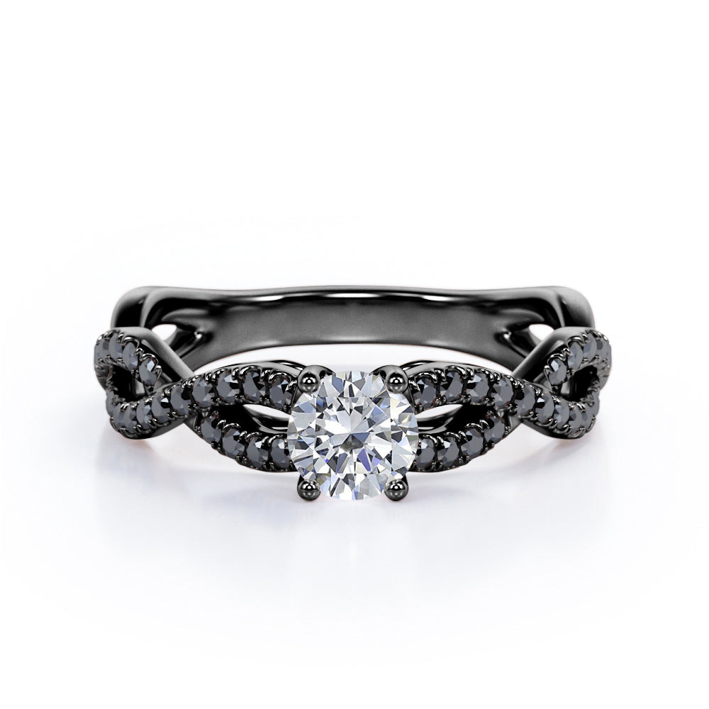 Twisted Pave Setting 0.5 TCW Round Brilliant Cut Diamond with Lab Created Black Diamond 4-Prong Engagement Ring in 10K White Gold