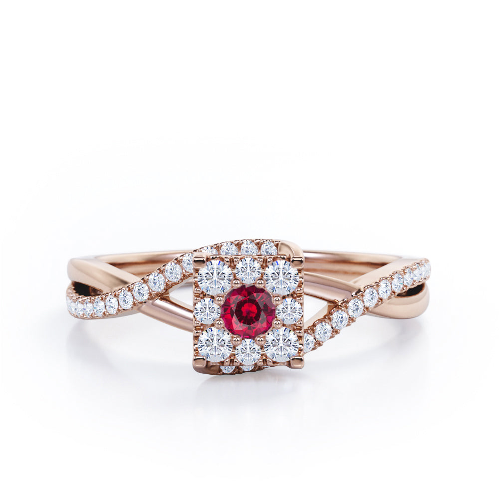 Semi Twisted Infinity 0.9 Carat Round Shape Ruby Square Floral Cluster in White Gold