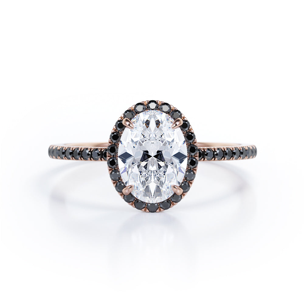 North-South Halo - 1.5 TCW Oval Shape Moissanite with Lab Created Black Diamond - Pave Design Engagement Ring in Rose Gold