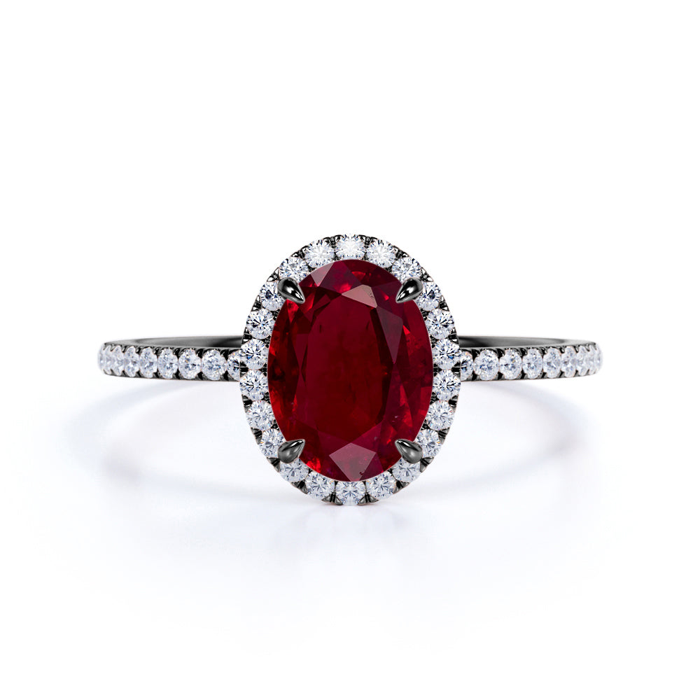 Antique 1.25 Carat Oval Cut Lab-Created Ruby and Diamond Halo Engagement Ring in Rose Gold