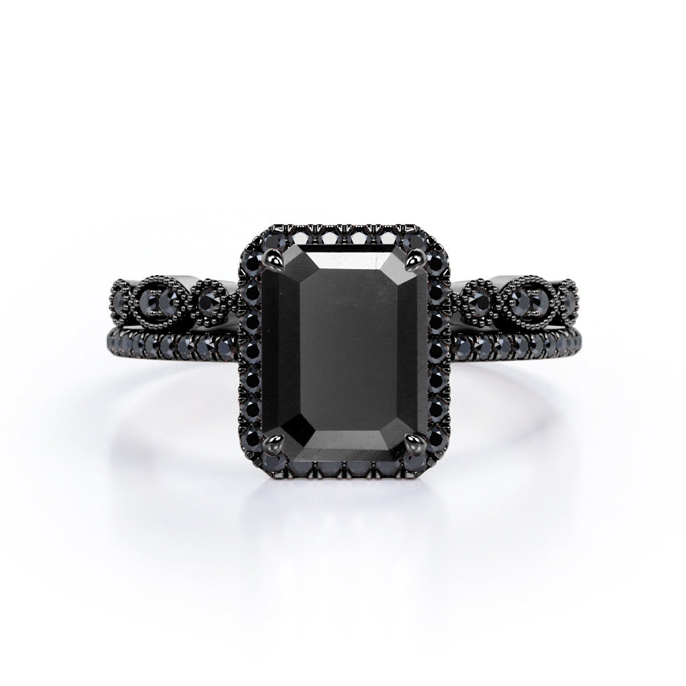 Art Deco Filigree Milgrain 1.65 TCW Emerald Cut Lab Created Black Diamond Halo-Style Wedding Set in White Gold